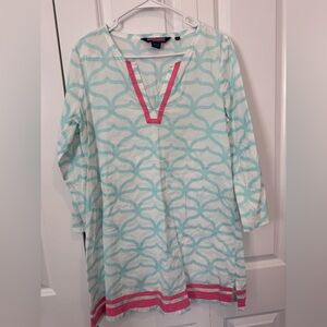 Vineyard Vines Light Aqua Patterned Tunic with Pink Trim